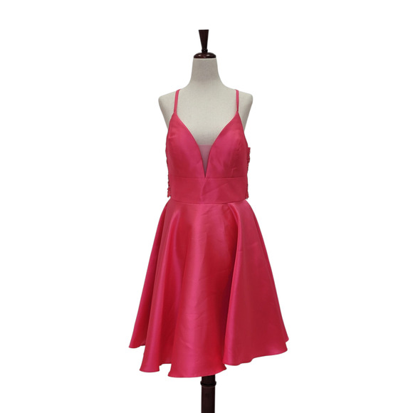 Women's Hot Pink Cocktail Dress with Lace Back and Cutout - Picture 1 of 5